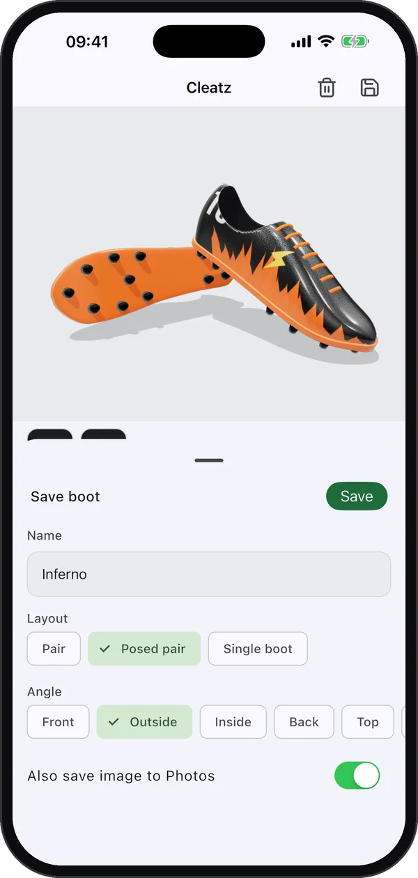 Save sheet showing a posed pair of boots with layout and angle options